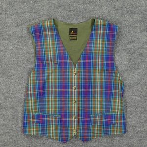 Liz Sport Vest Womens Medium Multicolor Plaid Button Front Lined Elastic Waist